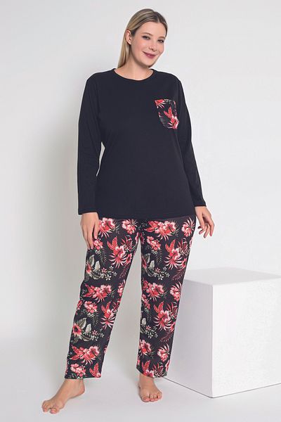 MyBen Black Floral Patterned Long Sleeve Women's Pajamas Set - B-46