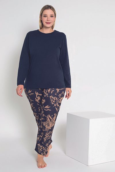MyBen Navy Blue Floral Patterned Women's Pajama Set - Long Sleeve B-49