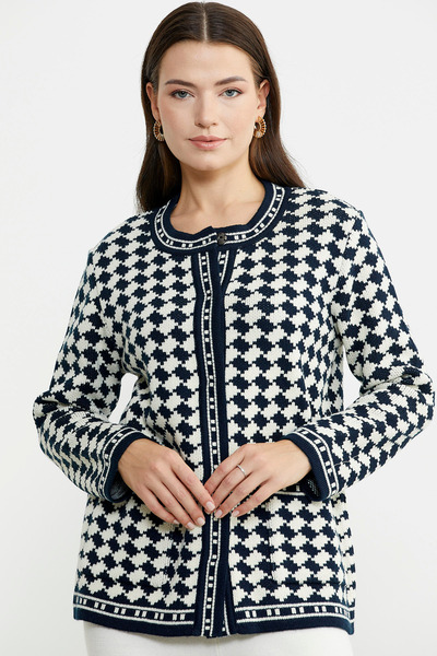 Sementa Вовняний трикотажний піджак з кишенями та візерунком у клітинку - темно-синій