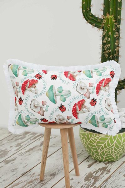Aisha's Design Mushroom Patterned Throw Pillow Cover with Fringed Edges 50X30 Cm,K-405