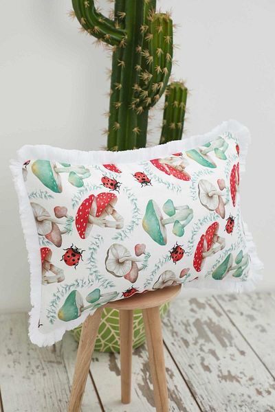 Aisha's Design Mushroom Patterned Throw Pillow Cover with Fringed Edges 50X30 Cm,K-405