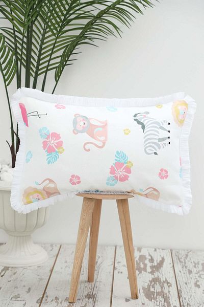 Aisha's Design غطاء وسادة منقوش عليه حيوانات لطيفة باللون الأبيض مع حواف مهدبة مقاس 50 × 30 سم، K-405