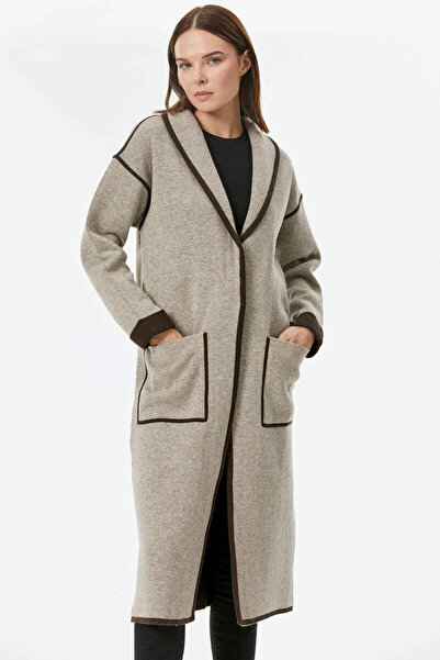 Sementa Μακρύ πλεκτό ζακέτα με σάλι γιακά και κουμπώματα - Βιζόν - Καφέ