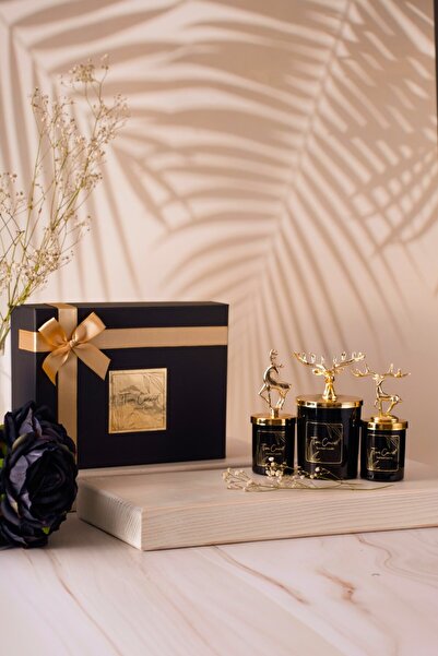 Tiem Concept Dekoratif Özel Tasarım Siyah Kutulu Vanilya Kokulu Gold Geyik Tepelikli 3lü Bardak Mum Seti