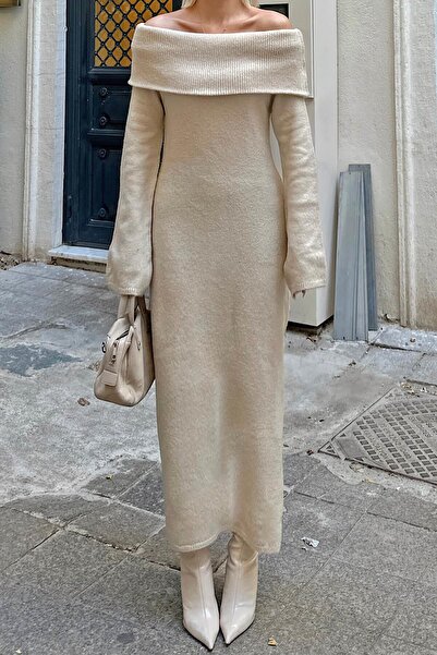 Swist Beige Que Madonna Collar Slit Knitted Women's Knitwear Midi Dress