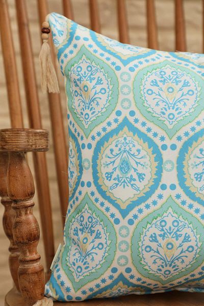 Aisha's Design Ocean Blue Drop Damask Patterned Throw Pillow Cover - 45X45 Cm, Tassel and Bead Detailed, K-406