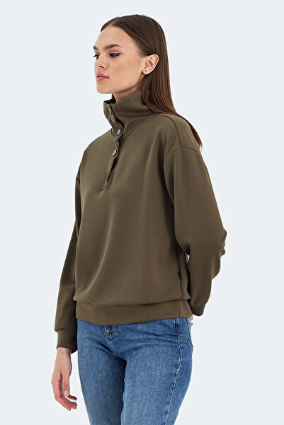 Slazenger Vidal Oversize Women's Stand Collar Oversize Khaki Sweatshirt