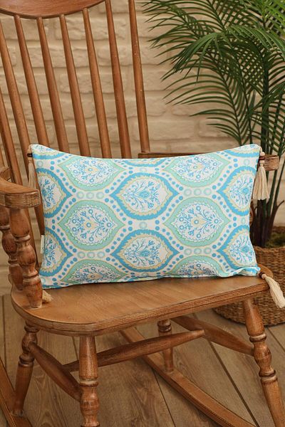Aisha's Design Ocean Blue Drop Damask Patterned Throw Pillow Cover - Tassel and Bead Detail, 50X30 Cm, K-404