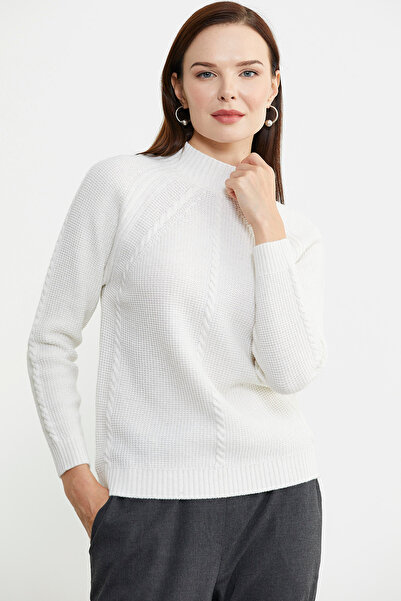 Sementa Woolen Motif Detailed Stand Collar Knitwear Sweater - Bone