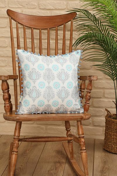 Aisha's Design 45X45 cm Gray Damask Patterned Pompom Edged Throw Pillow Cover - K-401
