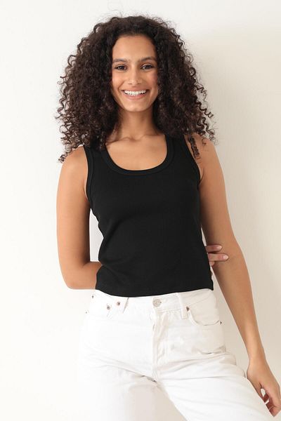 AMİDA Black Corded Crop Tank Top - Thick Strap, Basic Model - 2403