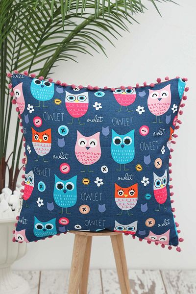 Aisha's Design Navy Blue Owl Patterned Children's Pillow Case with Pompom - 45X45 Cm, K-401