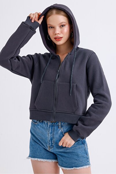 MD trend Women's Hooded Pocket Zipper Closure Fleece Inside Crop Sweatshirt