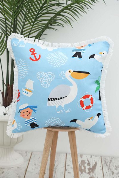 Aisha's Design Pelican and Sailor Patterned Children's Throw Pillow Cover - Fringed Edge, 45X45 Cm, K-407