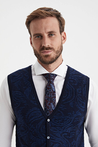 Hemington Shawl Pattern Navy Blue Merino Wool Knitwear Vest