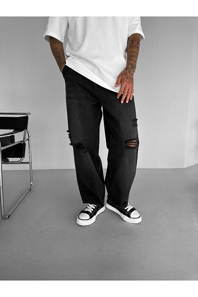 ablukaonline Blugi negri Super Baggy Fit pentru bărbați - Distressed