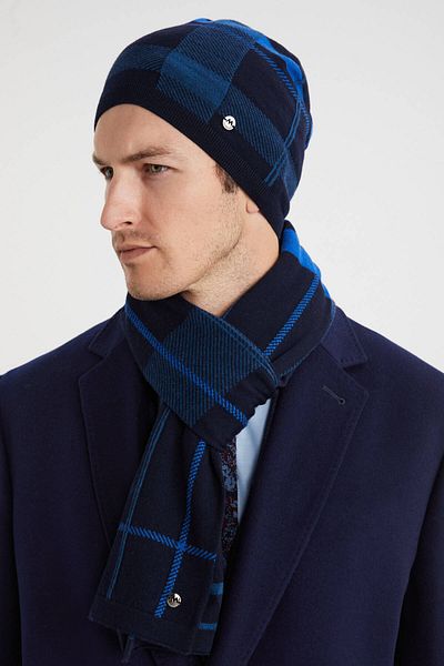 Hemington Stripe Pattern Navy Blue Merino Wool Beret