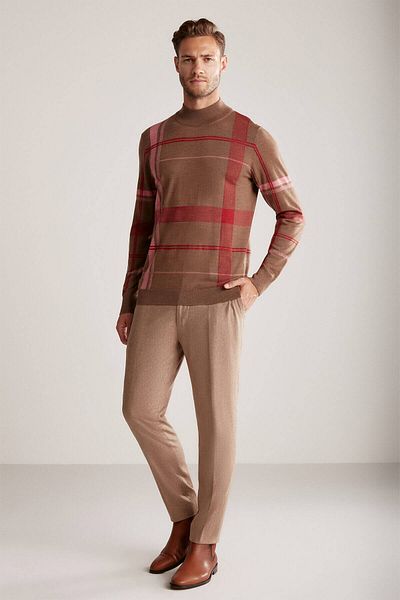 Hemington Stripe Patterned Half Turtleneck Tobacco Color Merino Wool Knitwear