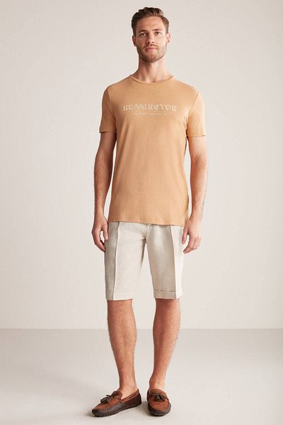 Hemington Printed Linen Cotton Blend Camel T-Shirt