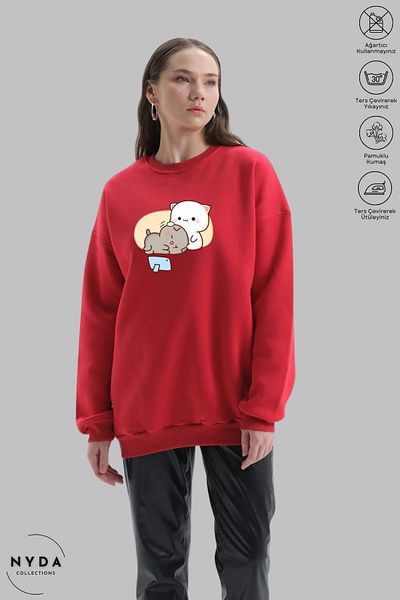 Nyda Collections Дълъг ръкав с шарка Bubu Dudu - щампа за сън, голям суитшърт без качулка