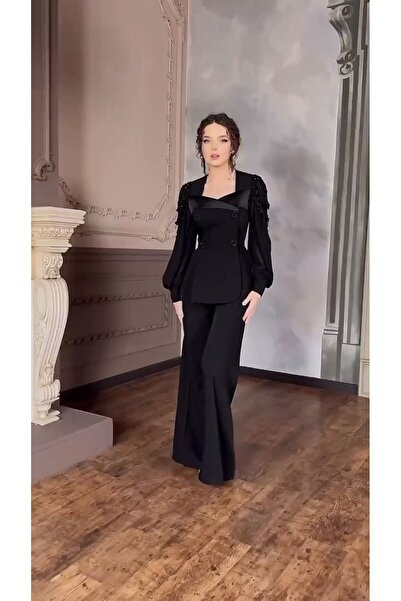 Alury group طقم جاكيت وسروال بأكمام شيفون