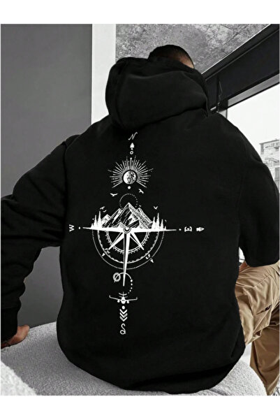 MOONBULL Erkek Sırt Baskılı Oversize Kapüşonlu Kanguru Cepli Sweatshirt