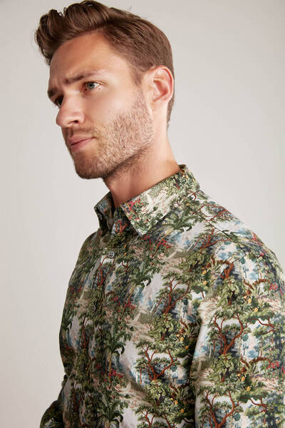 Hemington Green Cotton Shirt with Tree Pattern