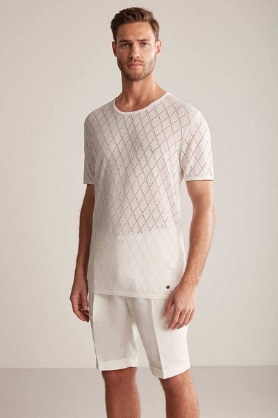 Hemington Baklava Pattern Linen Cotton Blend White Knitwear T-Shirt