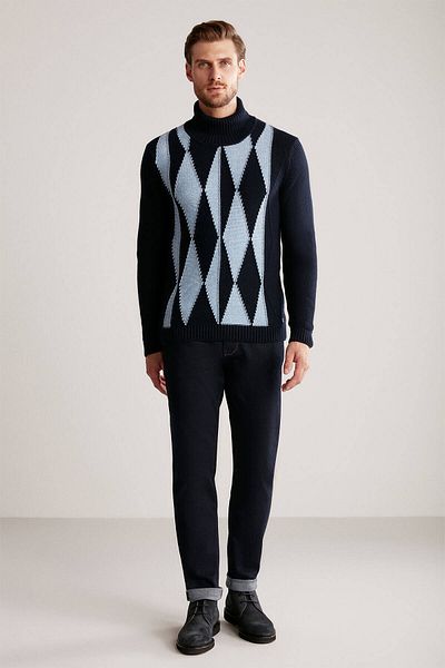 Hemington Diamond Patterned High Collar Pure Cashmere Navy Blue Sweater