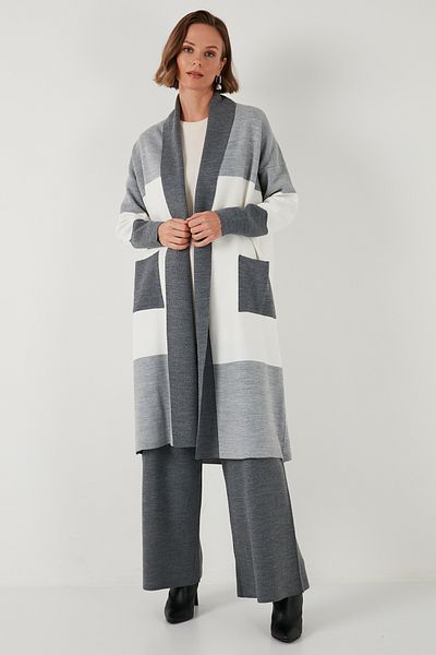 Lela Modest Regular Fit Color Blocked Long Hijab Knitwear Cardigan Cardigan 4616172