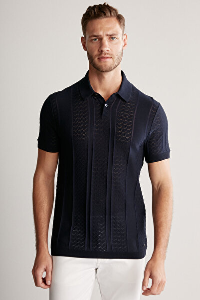 Hemington Navy Blue Knitwear Polo with Openwork Knit Detail