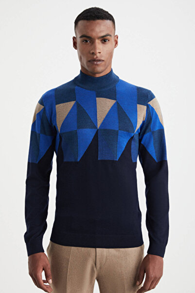 Hemington Patterned Navy Blue-Camel Half Turtleneck Merino Wool Sweater