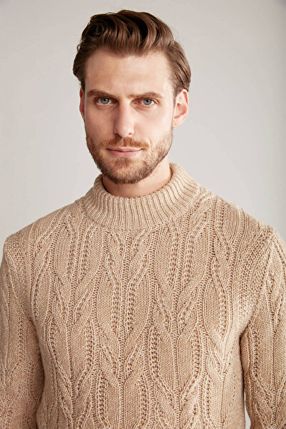 Hemington Saç Örgü Desen Camel Merino Yün Kazak