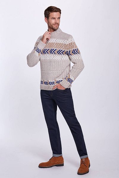 Hemington Line Pattern Half-Thigh Sand Color Merino Wool Sweater