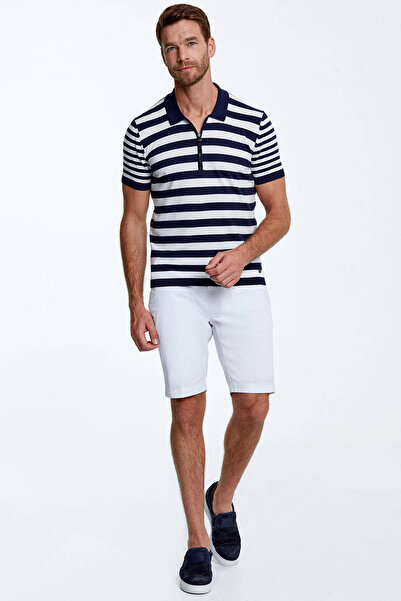 Hemington Navy Blue Striped Pure Cotton Knitwear Polo with Zipper Detail