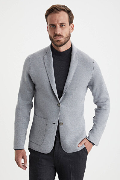 Hemington Herringbone Pattern Two-Way Light Gray Merino Wool Knitwear Jacket