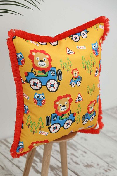 Aisha's Design 45X45 cm Fringed Lion and Owl Themed Children's Throw Pillow Cover - K-407