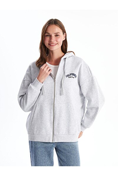 LC Waikiki XSIDE Kapüşonlu Nakışlı Oversize Kadın Fermuarlı Sweatshirt
