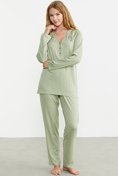 Sementa Green Embroidery Detailed Buttoned Pajama Set