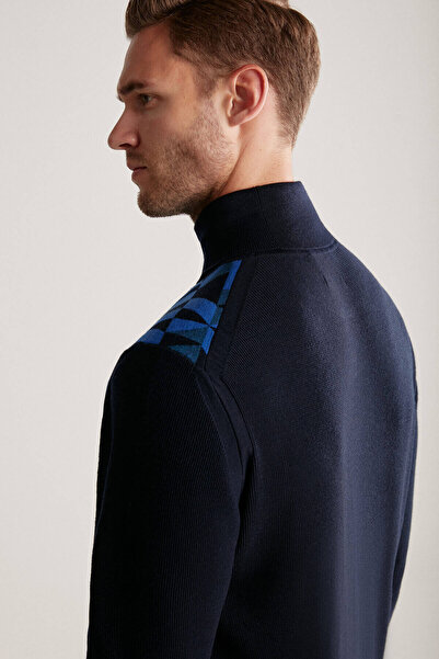 Hemington Patterned Navy Blue Turtleneck Collar Merino Wool Knitwear