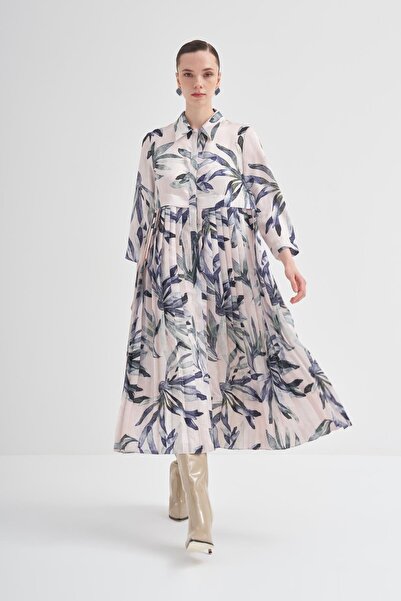 BİRELİN Piliseli Desenli Gömlek Elbise Baskı