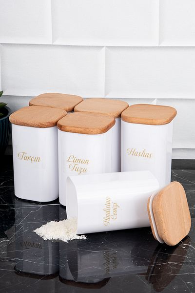 DNS HOME 6-Piece Acrylic Spice Rack Set with Bamboo Lid and Porcelain Look - with Sticker Gift