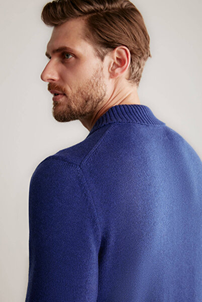 Hemington Baklava Desen Polo Yaka Lambswool İndigo Mavi Kazak