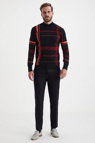 Hemington Stripe Patterned Half Turtleneck Black Merino Wool Sweater