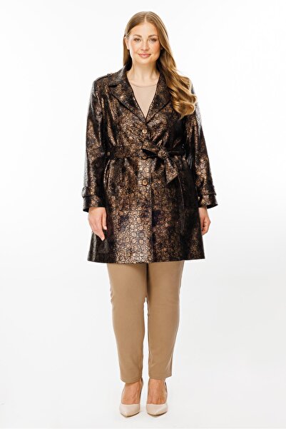 Moda İlgi Modailgi  Kruvaze Kapamalı Varaklı Deri Trenç Gold/Siyah