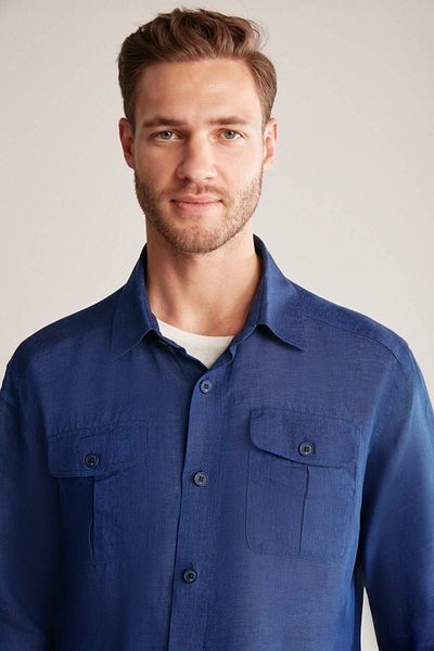 Hemington Pure Linen Navy Blue Outerwear Shirt