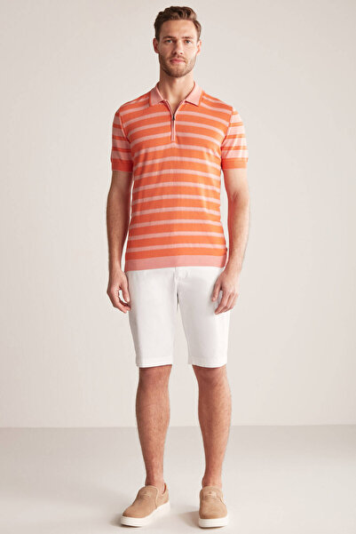 Hemington Zipper Detailed Line Pattern Orange Knitwear Polo