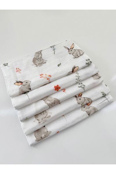 Jaju Baby Rabbit 5 Pieces 100% Organic Cotton - Double Layer Muslin Shoulder Cover, Mouth and Back Handkerchief