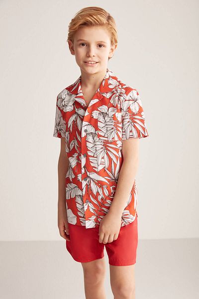 Hemington Flower Pattern Linen Cotton Blend Red Kids Shirt