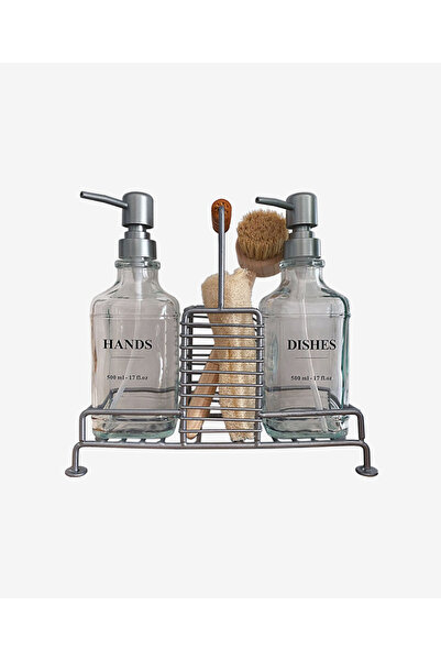 did homeware 2'li Gri Metal Standlı Ahşap Tutma Saplı Mutfak Sabunluk